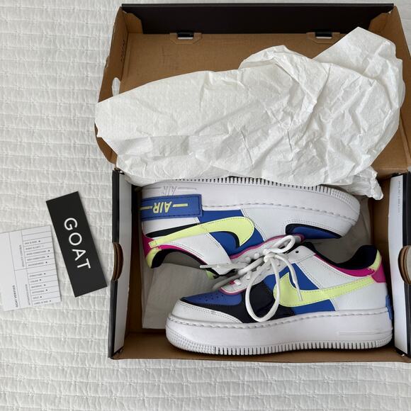 EUC in Box Nike AirForce 1 Shadow Sneakers White Sapphire Barely Volt Women 7.5 - Picture 2 of 9